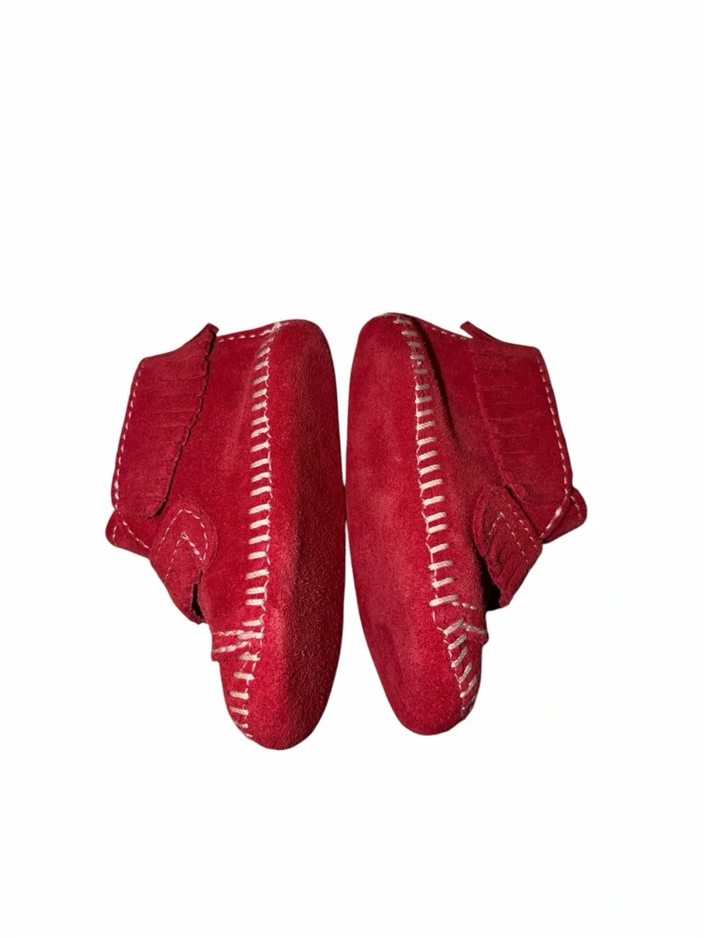 EUC Minnetonka Red Suede Leather Baby Moccasins 2 Fringe Western Americana Crib